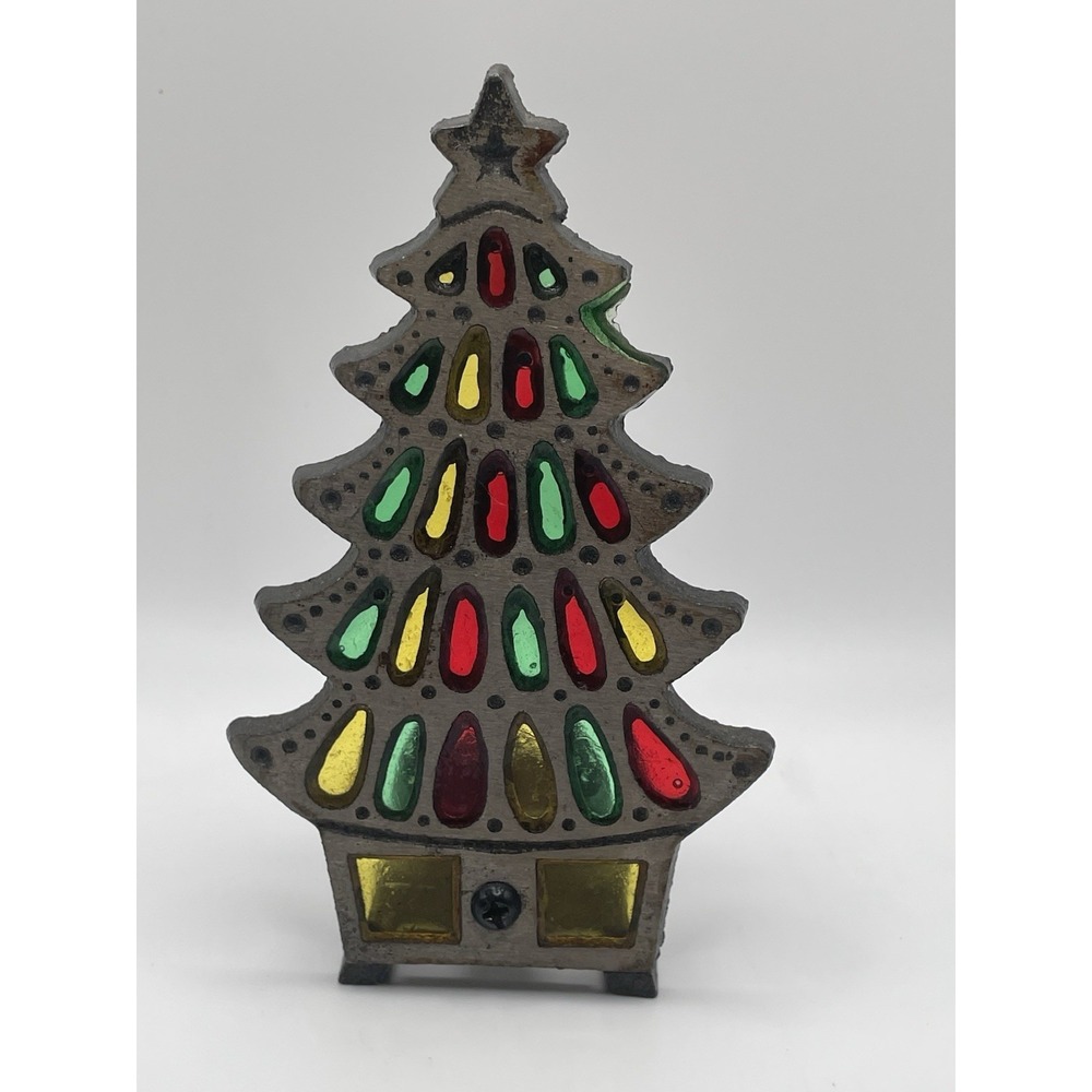Vintage Stained Glass Cast Iron Gold Christmas Tree Candle Holder Taiwan 7.25"
